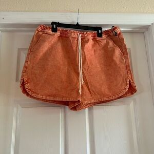 Orange Denim Athletic Shorts with Curved Hem and Drawstring Waist
